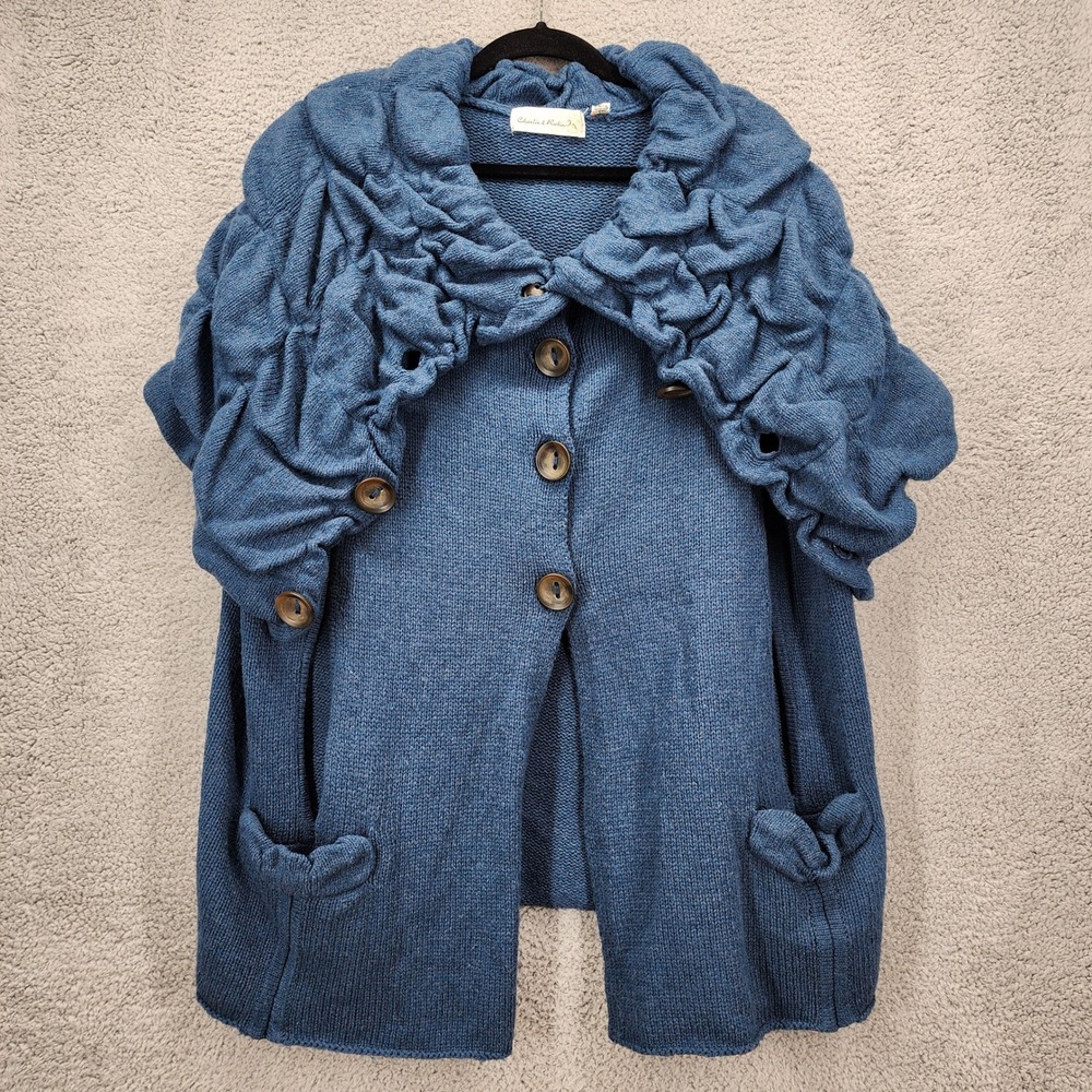 Charlie & Robin Blue Wool Blend Ruffle Shawl Collar Button Cape Sweater‎ M/L